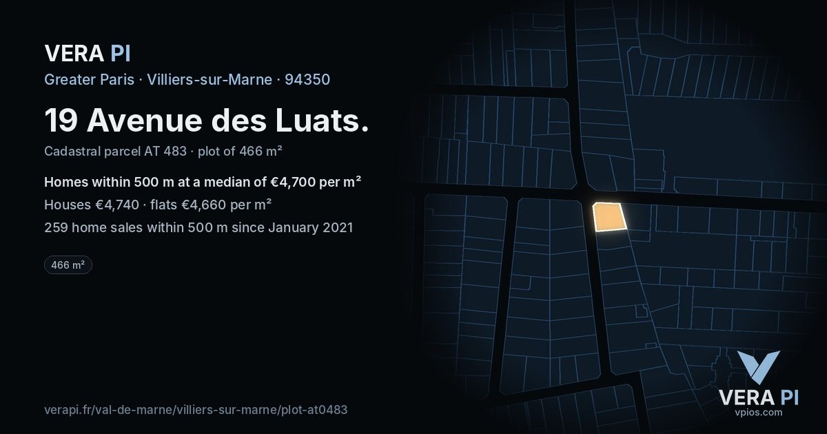 19 Avenue des Luats, Villiers-sur-Marne at night – the plot lit, the parcels around coloured by the prices near them