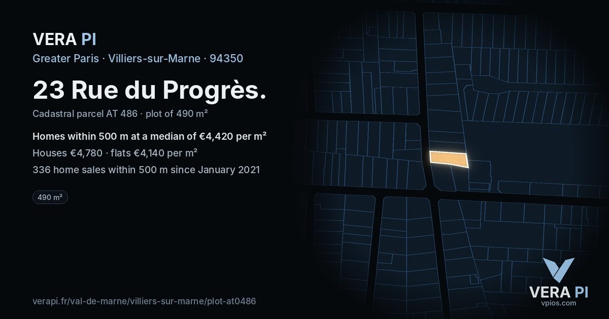 23 Rue du Progrès, Villiers-sur-Marne at night – the plot lit, the parcels around coloured by the prices near them