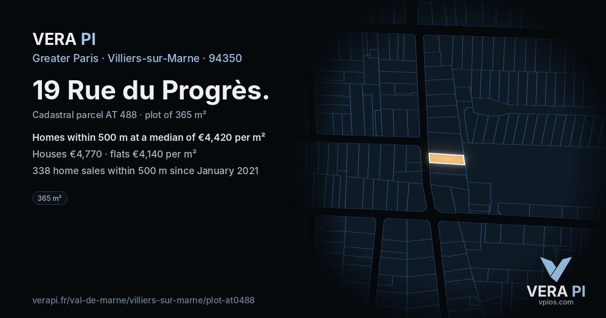 19 Rue du Progrès, Villiers-sur-Marne at night – the plot lit, the parcels around coloured by the prices near them