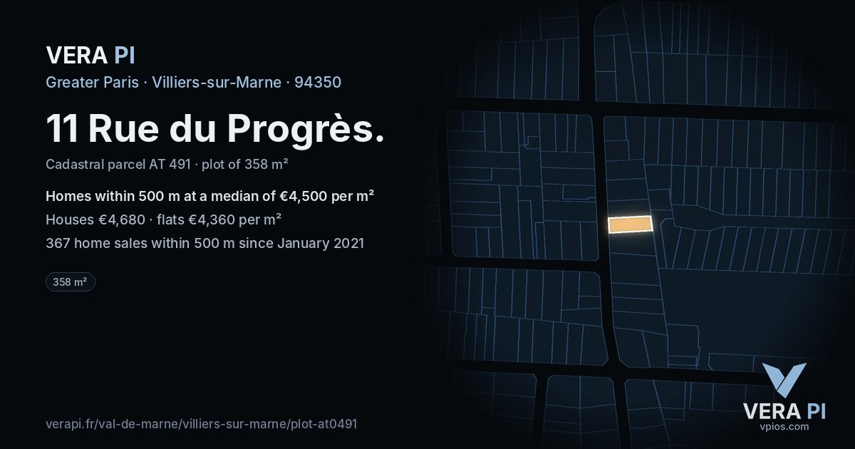11 Rue du Progrès, Villiers-sur-Marne at night – the plot lit, the parcels around coloured by the prices near them