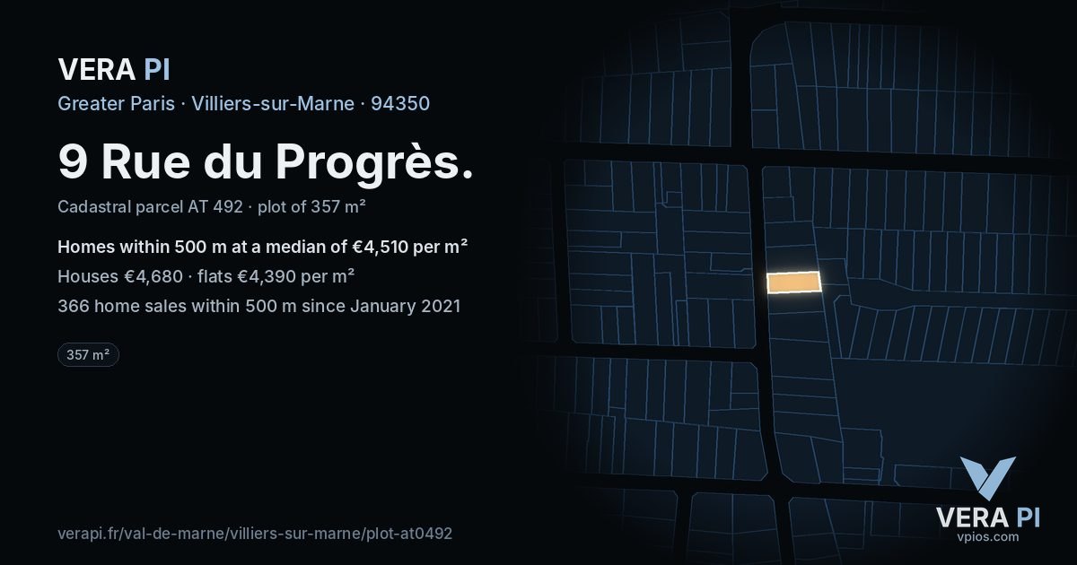 9 Rue du Progrès, Villiers-sur-Marne at night – the plot lit, the parcels around coloured by the prices near them