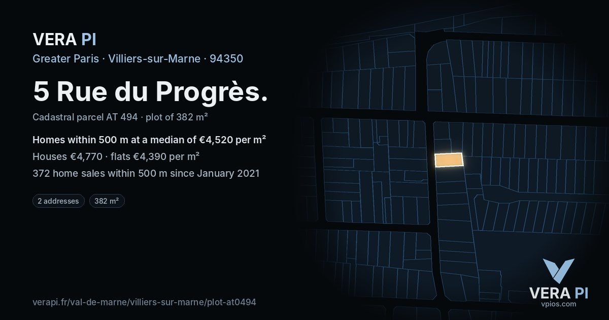 5 Rue du Progrès, Villiers-sur-Marne at night – the plot lit, the parcels around coloured by the prices near them