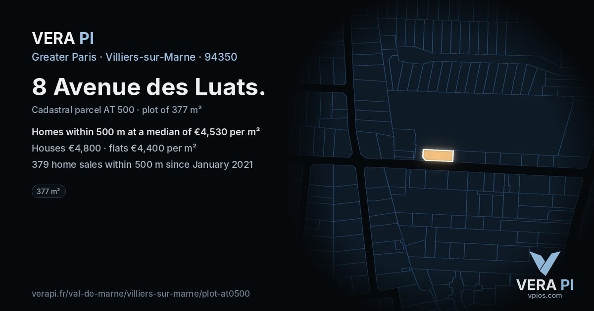 8 Avenue des Luats, Villiers-sur-Marne at night – the plot lit, the parcels around coloured by the prices near them