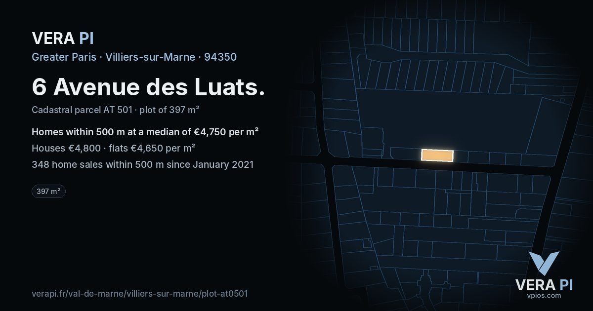 6 Avenue des Luats, Villiers-sur-Marne at night – the plot lit, the parcels around coloured by the prices near them