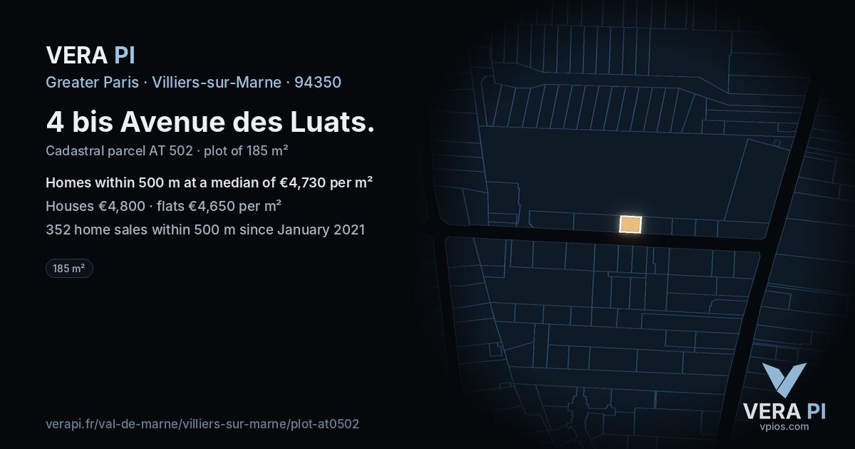 4 bis Avenue des Luats, Villiers-sur-Marne at night – the plot lit, the parcels around coloured by the prices near them