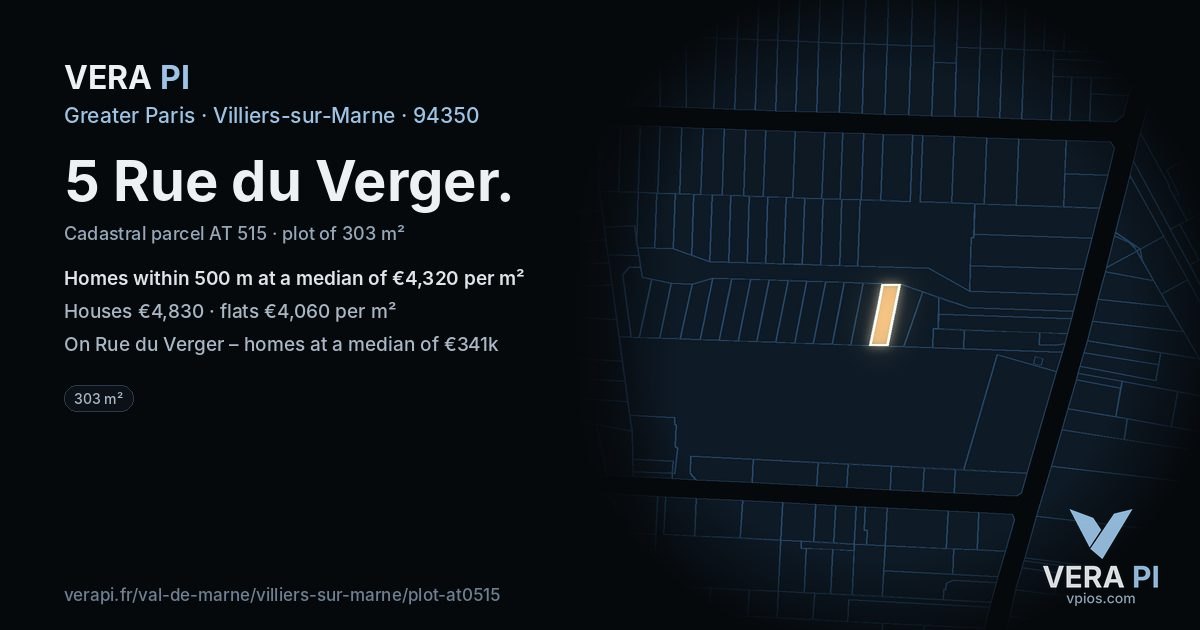 5 Rue du Verger, Villiers-sur-Marne at night – the plot lit, the parcels around coloured by the prices near them
