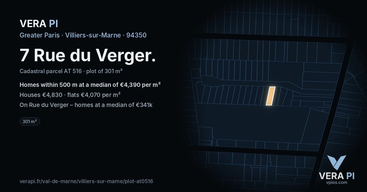7 Rue du Verger, Villiers-sur-Marne at night – the plot lit, the parcels around coloured by the prices near them