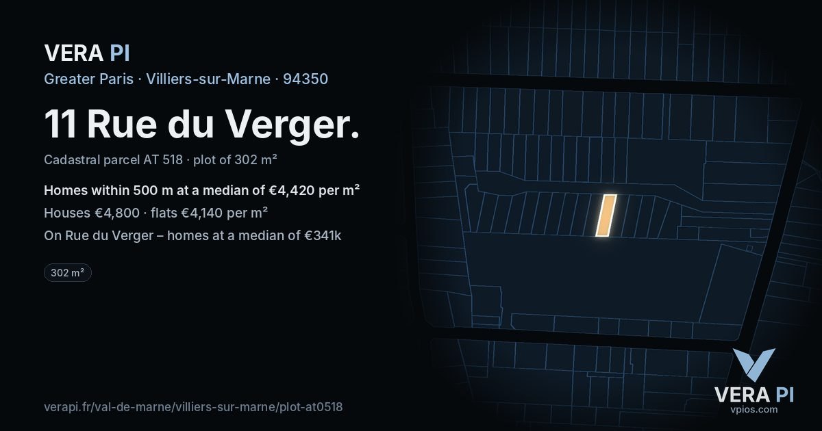 11 Rue du Verger, Villiers-sur-Marne at night – the plot lit, the parcels around coloured by the prices near them