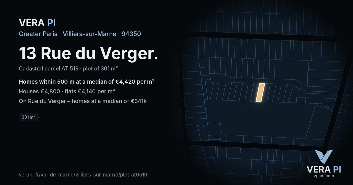 13 Rue du Verger, Villiers-sur-Marne at night – the plot lit, the parcels around coloured by the prices near them
