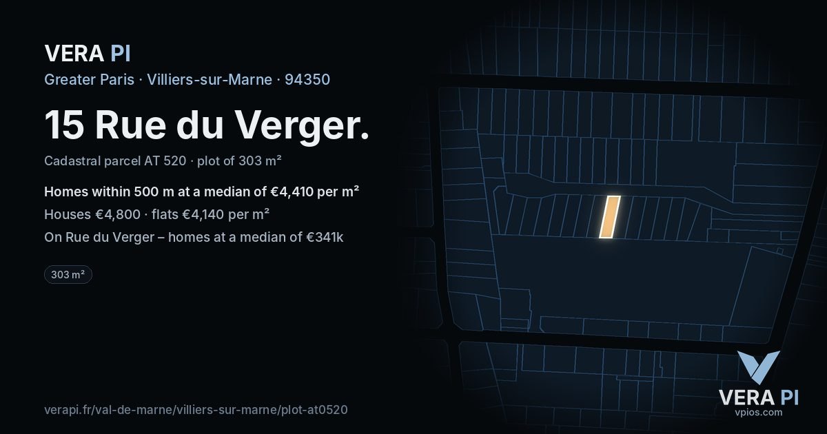 15 Rue du Verger, Villiers-sur-Marne at night – the plot lit, the parcels around coloured by the prices near them
