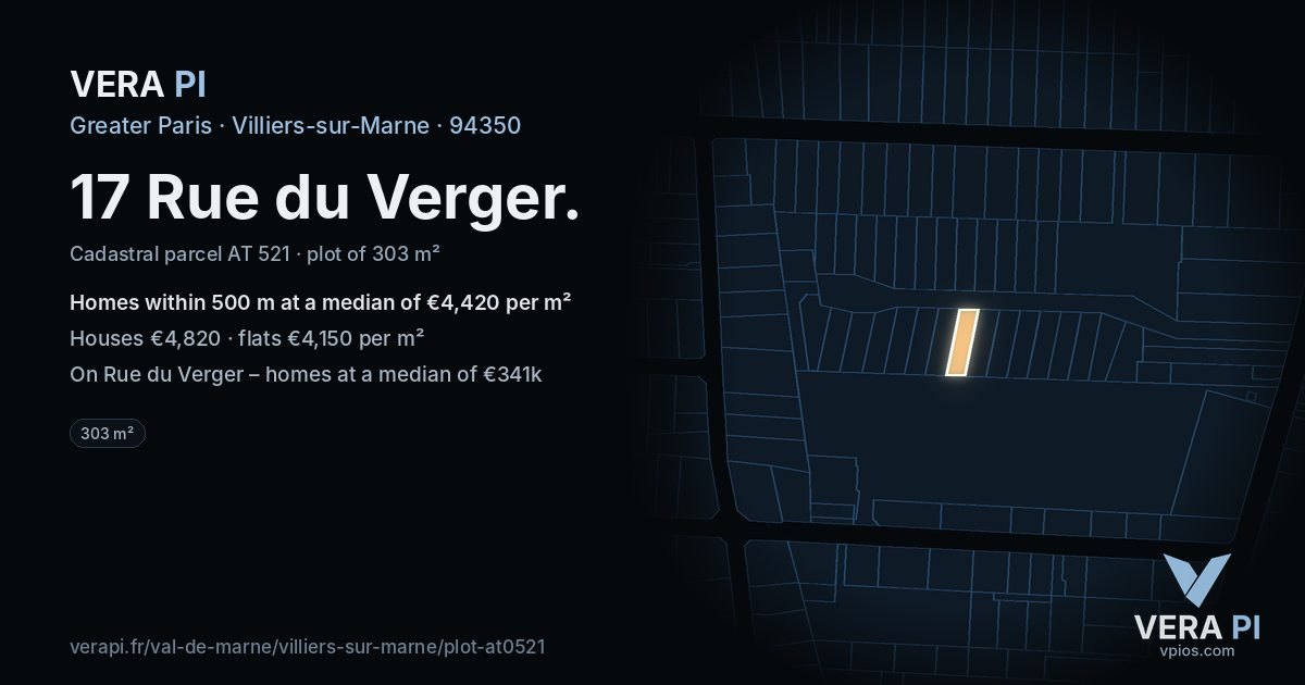 17 Rue du Verger, Villiers-sur-Marne at night – the plot lit, the parcels around coloured by the prices near them