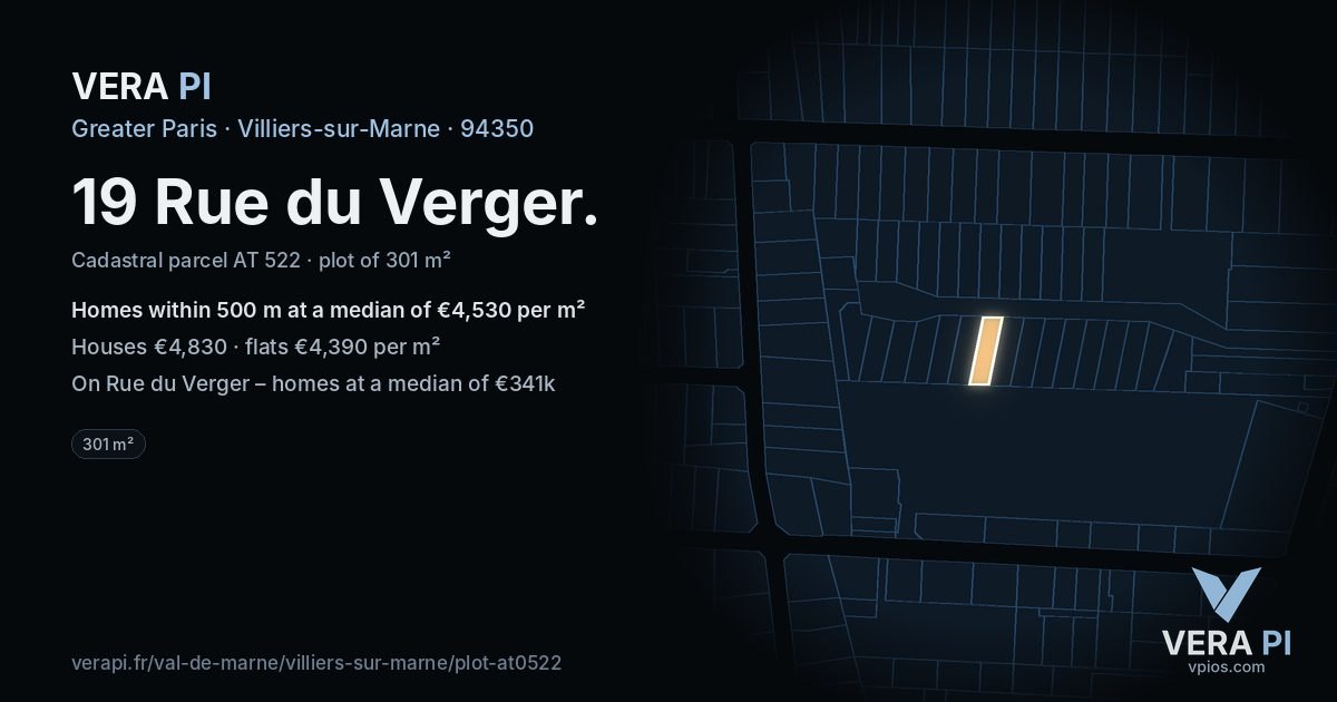 19 Rue du Verger, Villiers-sur-Marne at night – the plot lit, the parcels around coloured by the prices near them