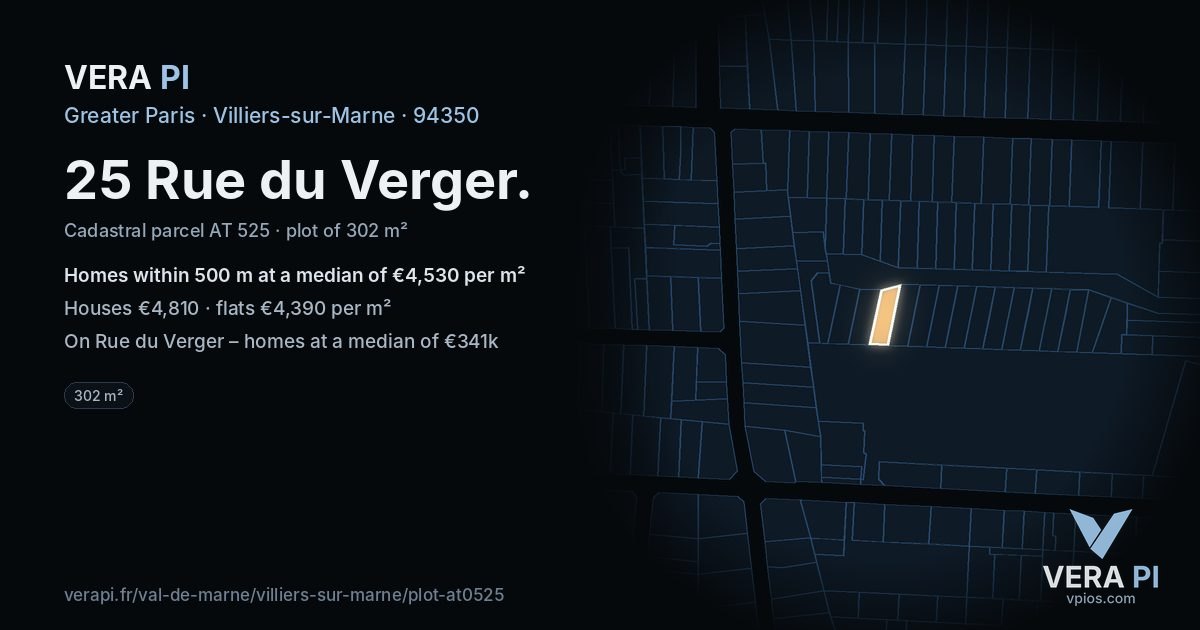 25 Rue du Verger, Villiers-sur-Marne at night – the plot lit, the parcels around coloured by the prices near them