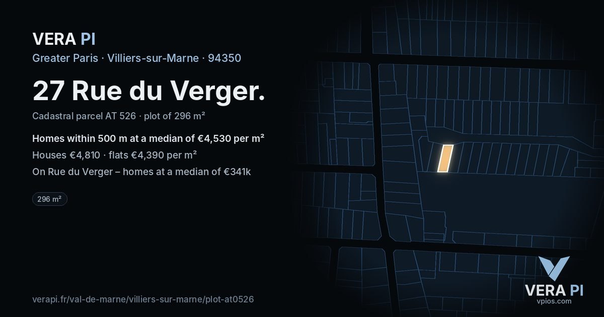 27 Rue du Verger, Villiers-sur-Marne at night – the plot lit, the parcels around coloured by the prices near them