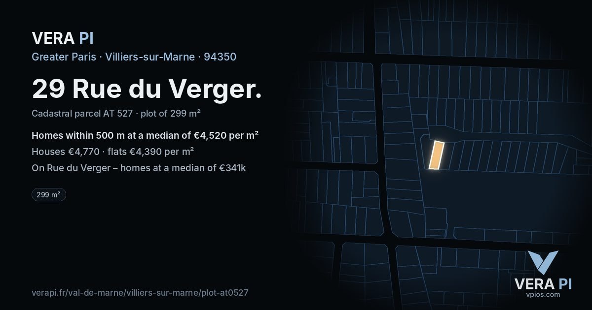 29 Rue du Verger, Villiers-sur-Marne at night – the plot lit, the parcels around coloured by the prices near them
