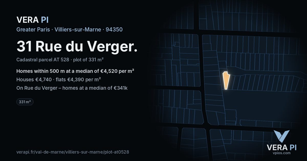 31 Rue du Verger, Villiers-sur-Marne at night – the plot lit, the parcels around coloured by the prices near them