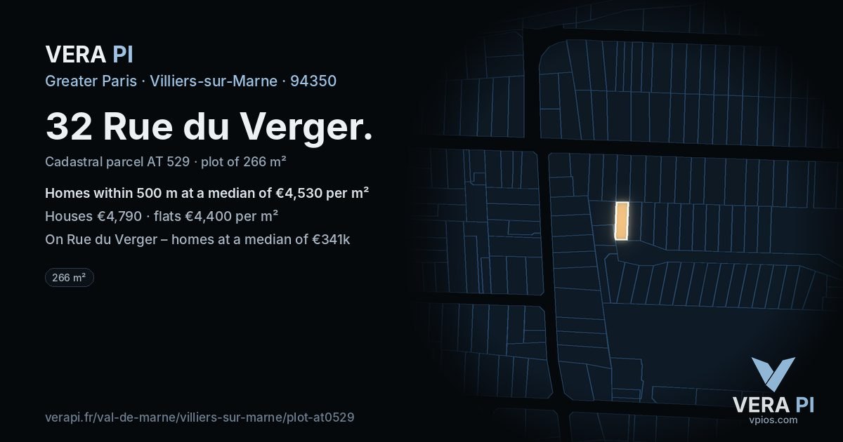 32 Rue du Verger, Villiers-sur-Marne at night – the plot lit, the parcels around coloured by the prices near them