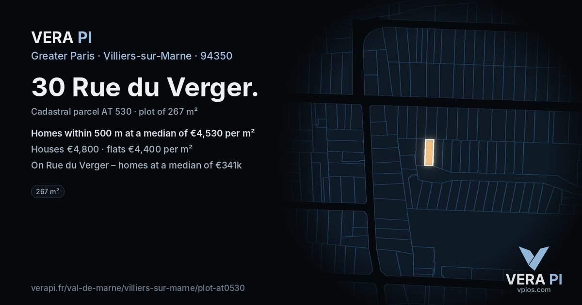 30 Rue du Verger, Villiers-sur-Marne at night – the plot lit, the parcels around coloured by the prices near them