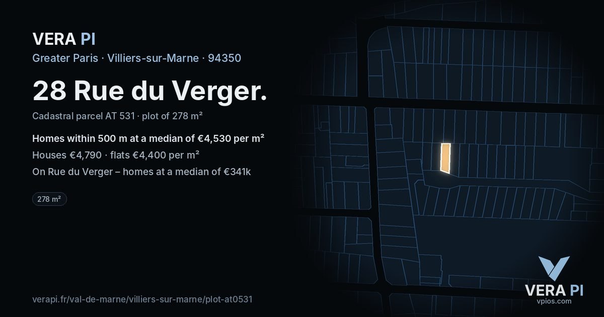 28 Rue du Verger, Villiers-sur-Marne at night – the plot lit, the parcels around coloured by the prices near them