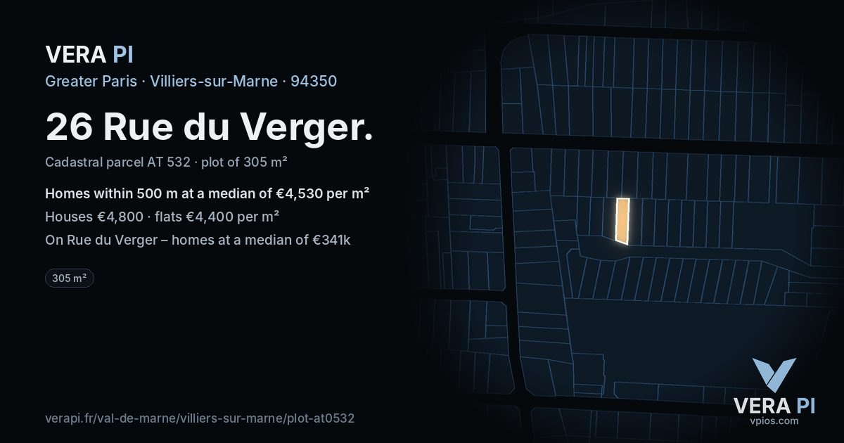 26 Rue du Verger, Villiers-sur-Marne at night – the plot lit, the parcels around coloured by the prices near them