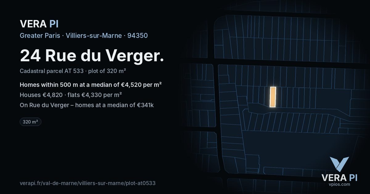 24 Rue du Verger, Villiers-sur-Marne at night – the plot lit, the parcels around coloured by the prices near them