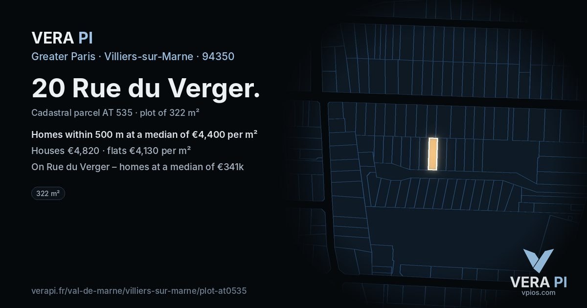 20 Rue du Verger, Villiers-sur-Marne at night – the plot lit, the parcels around coloured by the prices near them