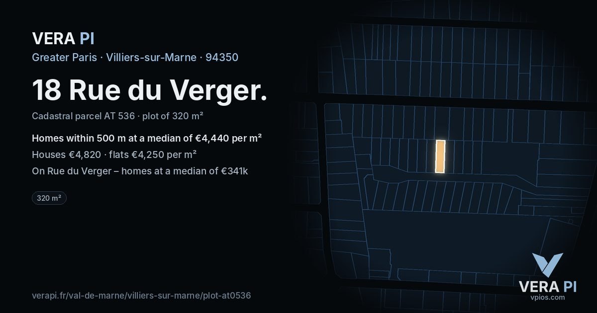 18 Rue du Verger, Villiers-sur-Marne at night – the plot lit, the parcels around coloured by the prices near them