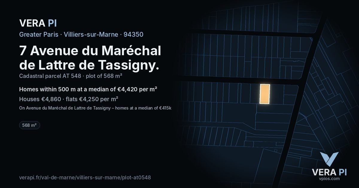 7 Avenue du Maréchal de Lattre de Tassigny, Villiers-sur-Marne at night – the plot lit, the parcels around coloured by the prices near them