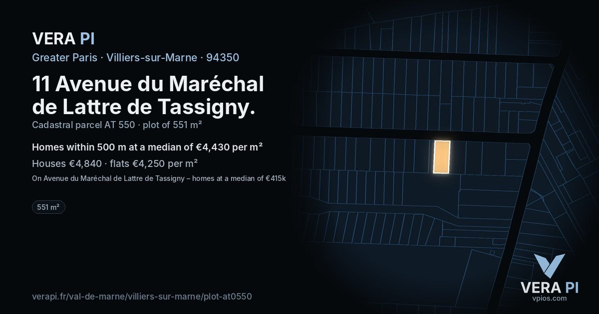 11 Avenue du Maréchal de Lattre de Tassigny, Villiers-sur-Marne at night – the plot lit, the parcels around coloured by the prices near them