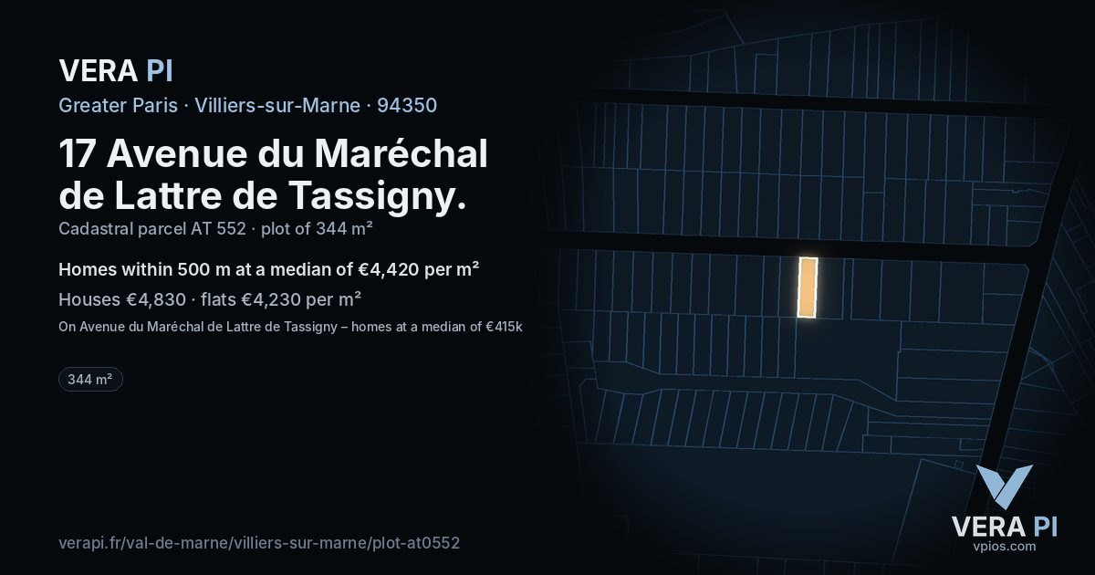 17 Avenue du Maréchal de Lattre de Tassigny, Villiers-sur-Marne at night – the plot lit, the parcels around coloured by the prices near them