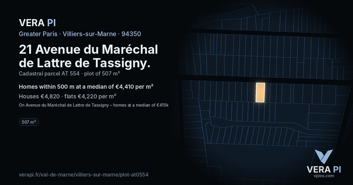 21 Avenue du Maréchal de Lattre de Tassigny, Villiers-sur-Marne at night – the plot lit, the parcels around coloured by the prices near them