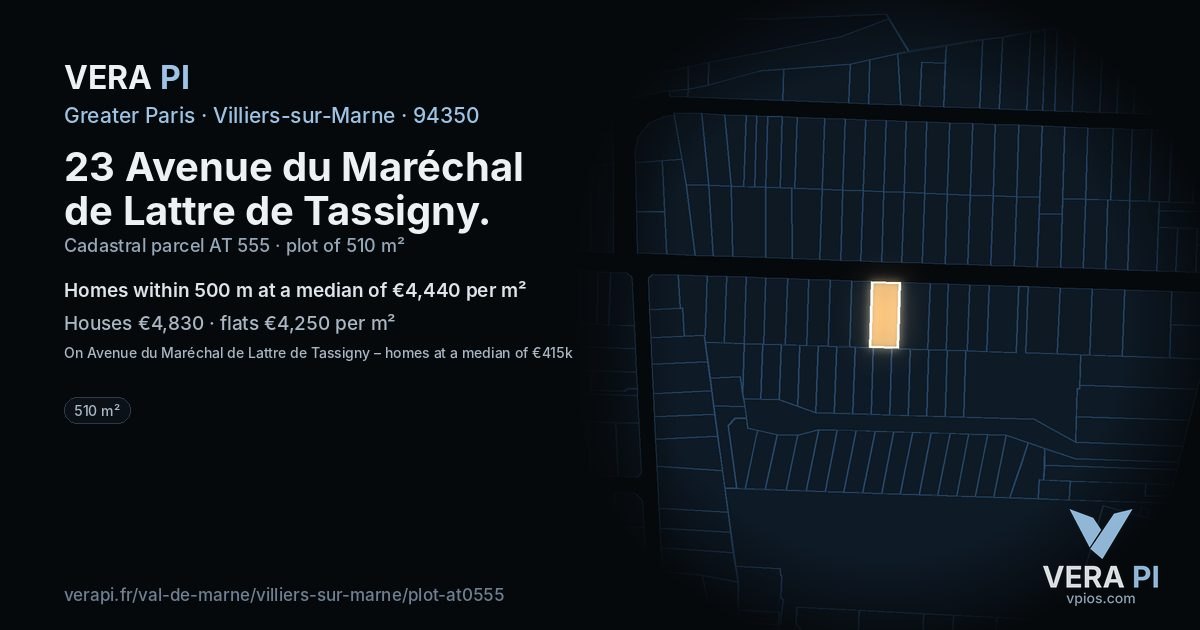 23 Avenue du Maréchal de Lattre de Tassigny, Villiers-sur-Marne at night – the plot lit, the parcels around coloured by the prices near them