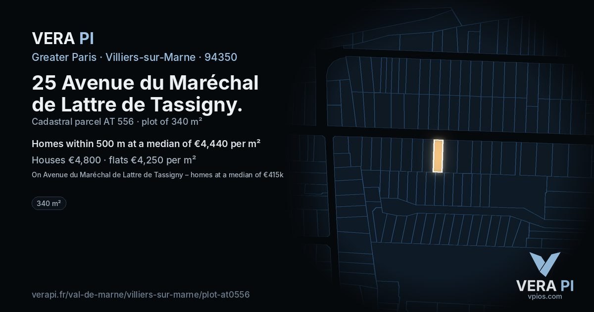 25 Avenue du Maréchal de Lattre de Tassigny, Villiers-sur-Marne at night – the plot lit, the parcels around coloured by the prices near them