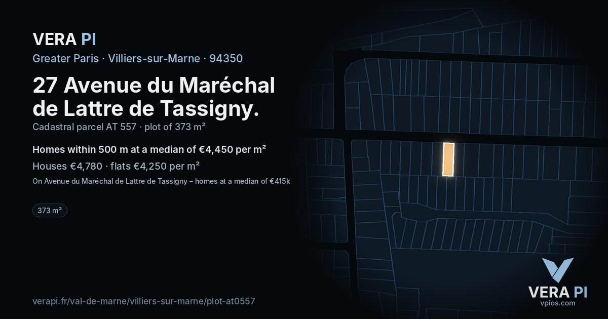 27 Avenue du Maréchal de Lattre de Tassigny, Villiers-sur-Marne at night – the plot lit, the parcels around coloured by the prices near them