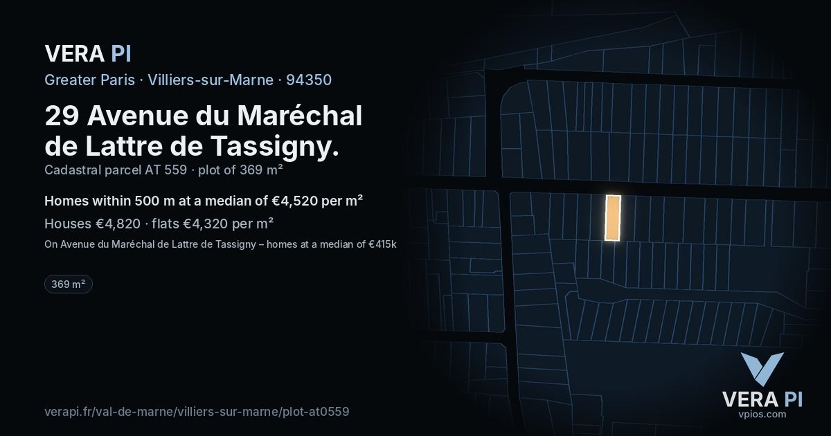 29 Avenue du Maréchal de Lattre de Tassigny, Villiers-sur-Marne at night – the plot lit, the parcels around coloured by the prices near them