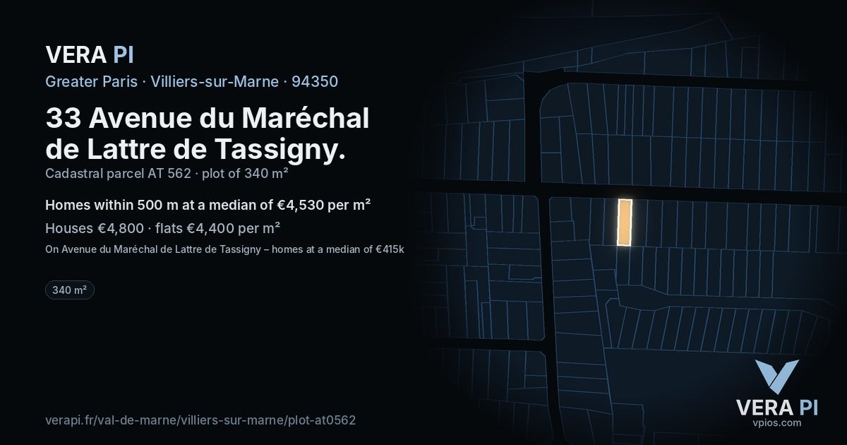 33 Avenue du Maréchal de Lattre de Tassigny, Villiers-sur-Marne at night – the plot lit, the parcels around coloured by the prices near them