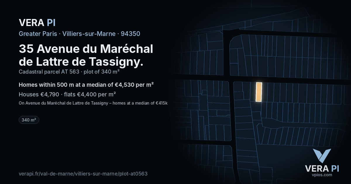 35 Avenue du Maréchal de Lattre de Tassigny, Villiers-sur-Marne at night – the plot lit, the parcels around coloured by the prices near them