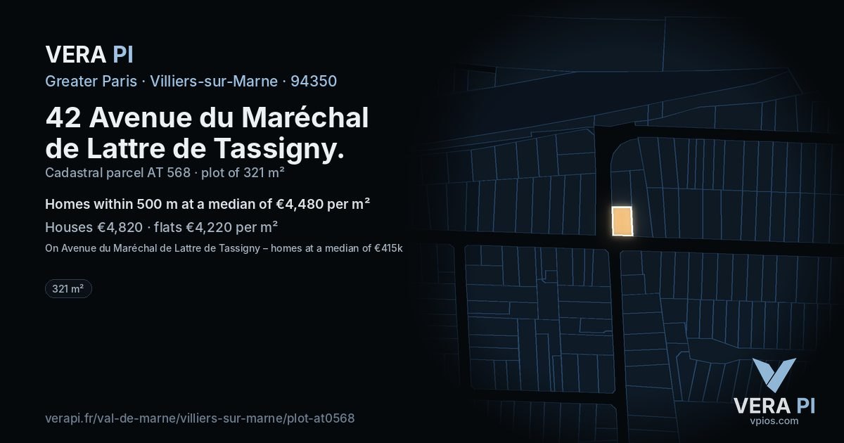 42 Avenue du Maréchal de Lattre de Tassigny, Villiers-sur-Marne at night – the plot lit, the parcels around coloured by the prices near them