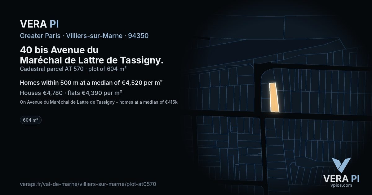 40 bis Avenue du Maréchal de Lattre de Tassigny, Villiers-sur-Marne at night – the plot lit, the parcels around coloured by the prices near them