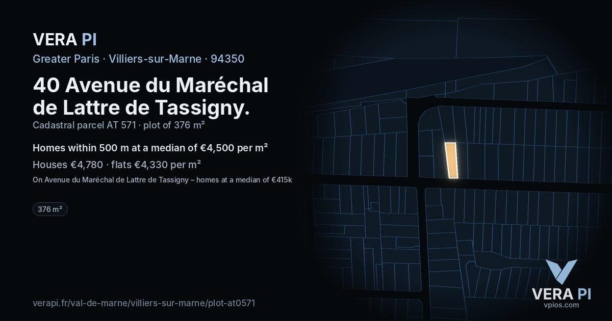 40 Avenue du Maréchal de Lattre de Tassigny, Villiers-sur-Marne at night – the plot lit, the parcels around coloured by the prices near them