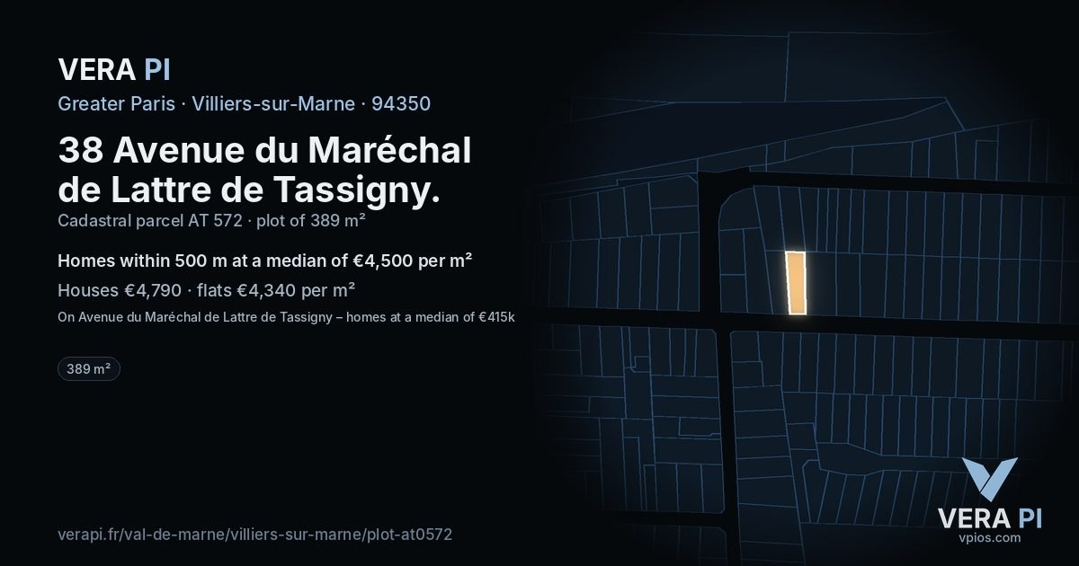 38 Avenue du Maréchal de Lattre de Tassigny, Villiers-sur-Marne at night – the plot lit, the parcels around coloured by the prices near them