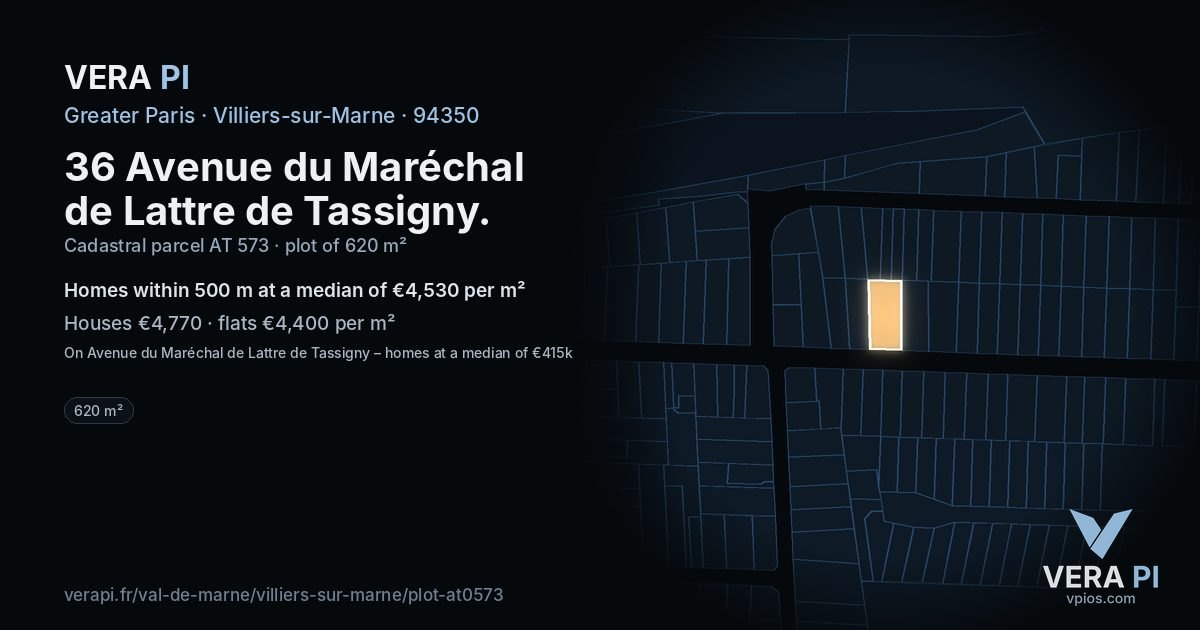 36 Avenue du Maréchal de Lattre de Tassigny, Villiers-sur-Marne at night – the plot lit, the parcels around coloured by the prices near them