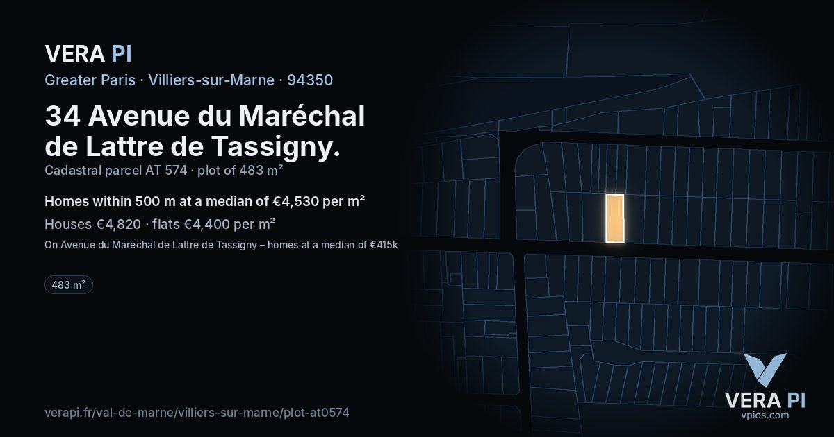 34 Avenue du Maréchal de Lattre de Tassigny, Villiers-sur-Marne at night – the plot lit, the parcels around coloured by the prices near them