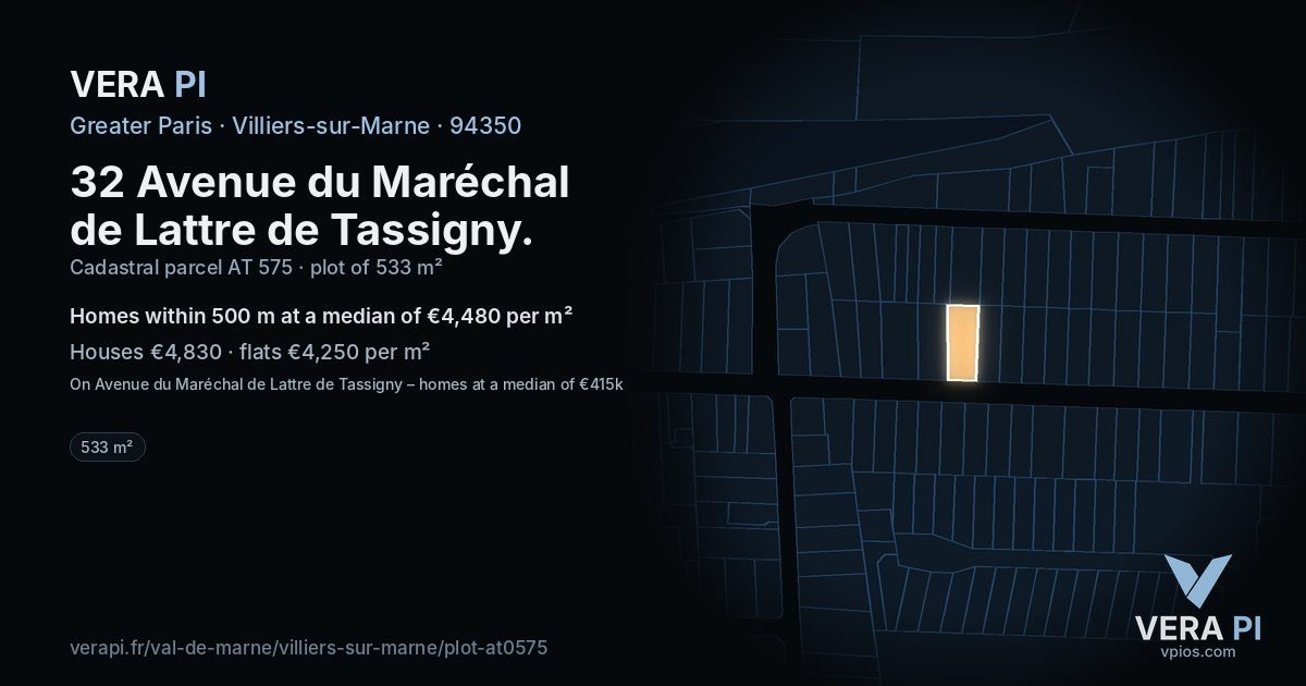 32 Avenue du Maréchal de Lattre de Tassigny, Villiers-sur-Marne at night – the plot lit, the parcels around coloured by the prices near them