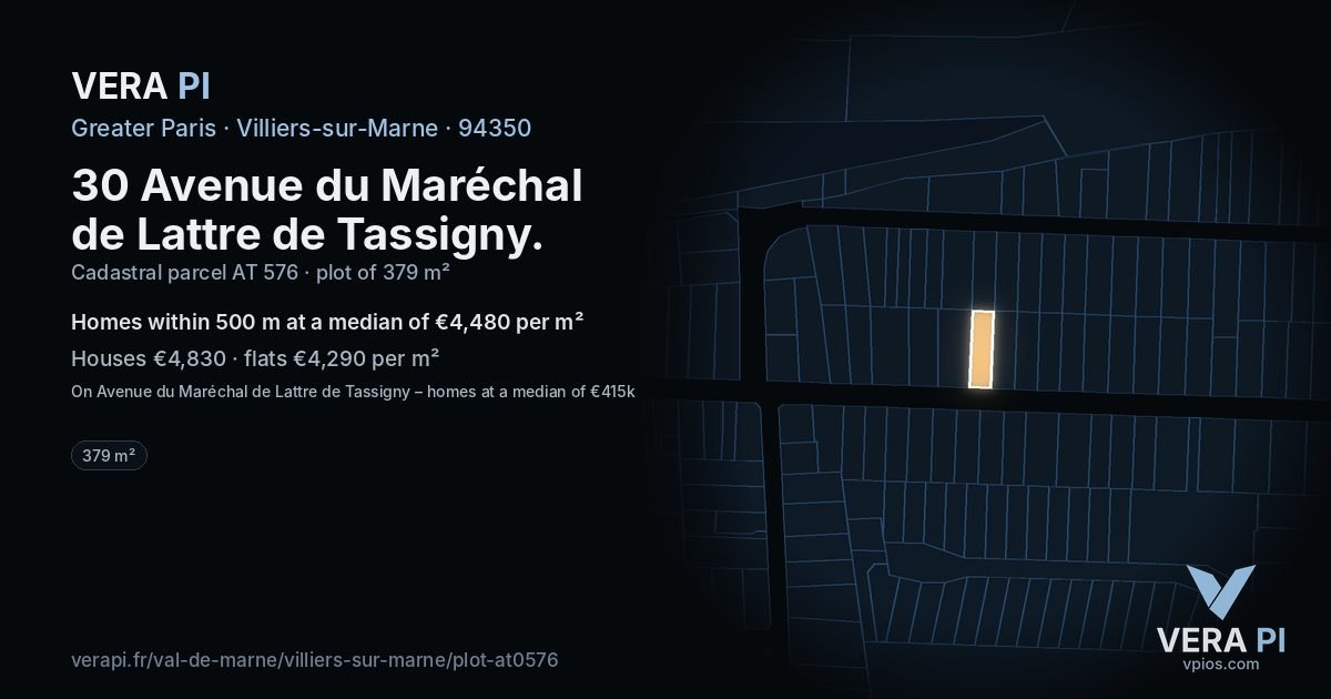 30 Avenue du Maréchal de Lattre de Tassigny, Villiers-sur-Marne at night – the plot lit, the parcels around coloured by the prices near them