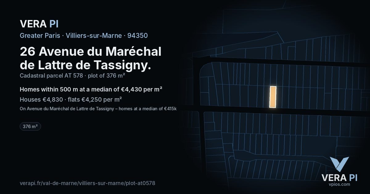 26 Avenue du Maréchal de Lattre de Tassigny, Villiers-sur-Marne at night – the plot lit, the parcels around coloured by the prices near them