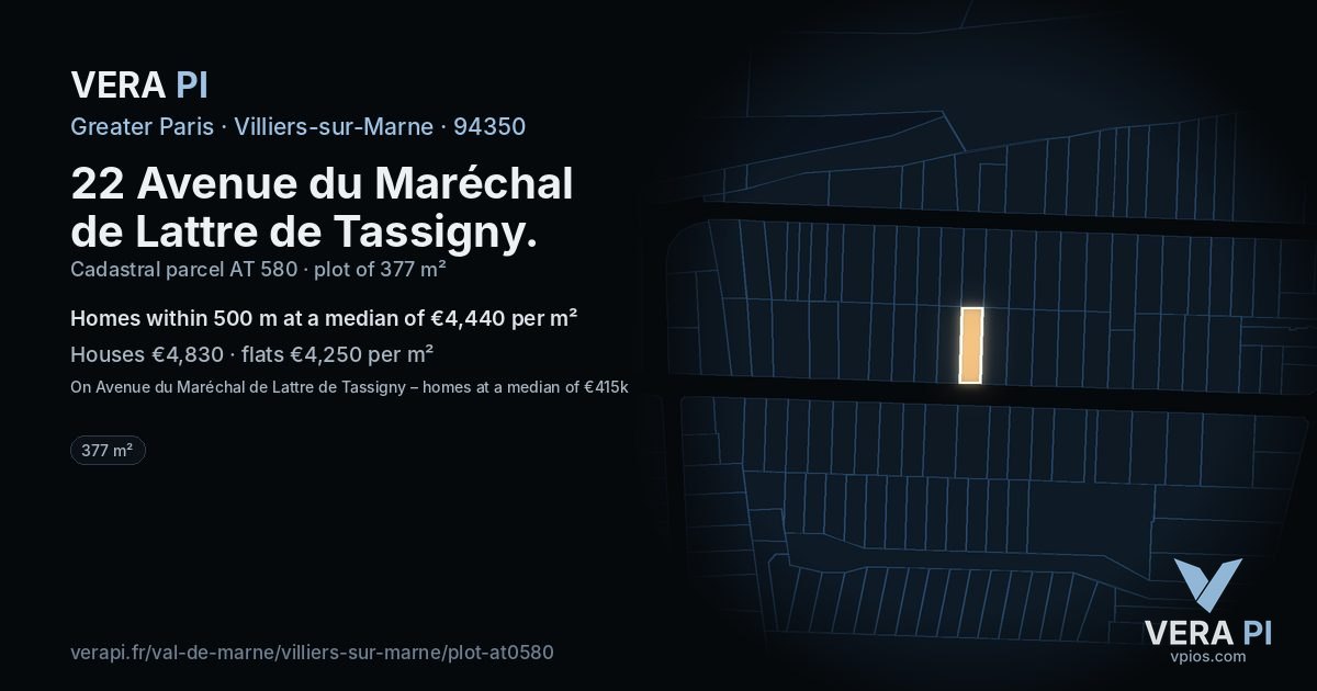 22 Avenue du Maréchal de Lattre de Tassigny, Villiers-sur-Marne at night – the plot lit, the parcels around coloured by the prices near them