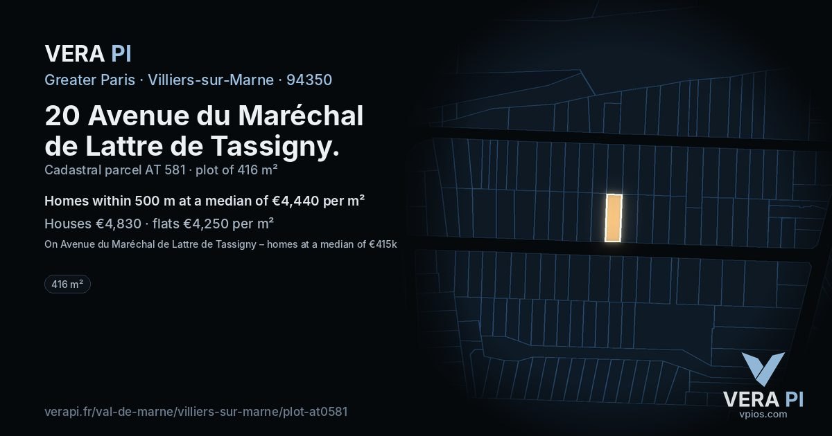 20 Avenue du Maréchal de Lattre de Tassigny, Villiers-sur-Marne at night – the plot lit, the parcels around coloured by the prices near them