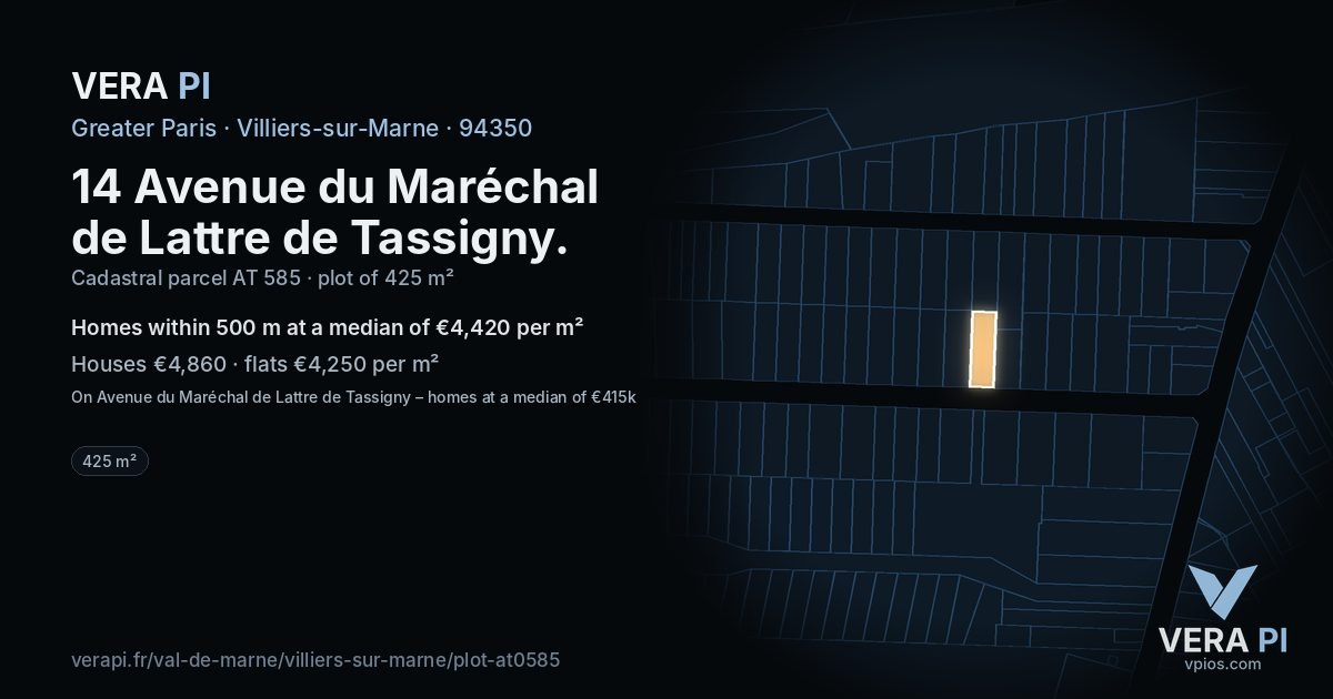 14 Avenue du Maréchal de Lattre de Tassigny, Villiers-sur-Marne at night – the plot lit, the parcels around coloured by the prices near them