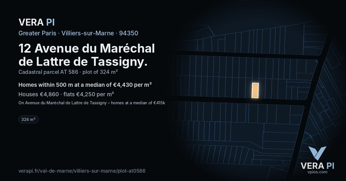 12 Avenue du Maréchal de Lattre de Tassigny, Villiers-sur-Marne at night – the plot lit, the parcels around coloured by the prices near them